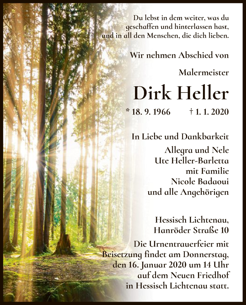  Traueranzeige für Dirk Heller vom 11.01.2020 aus HNA
