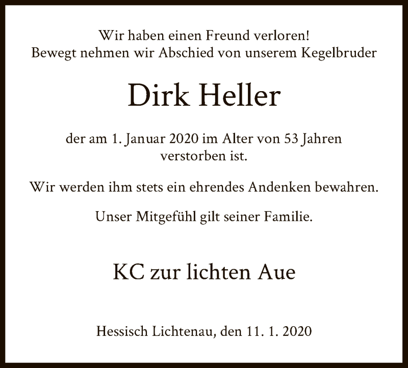  Traueranzeige für Dirk Heller vom 11.01.2020 aus HNA