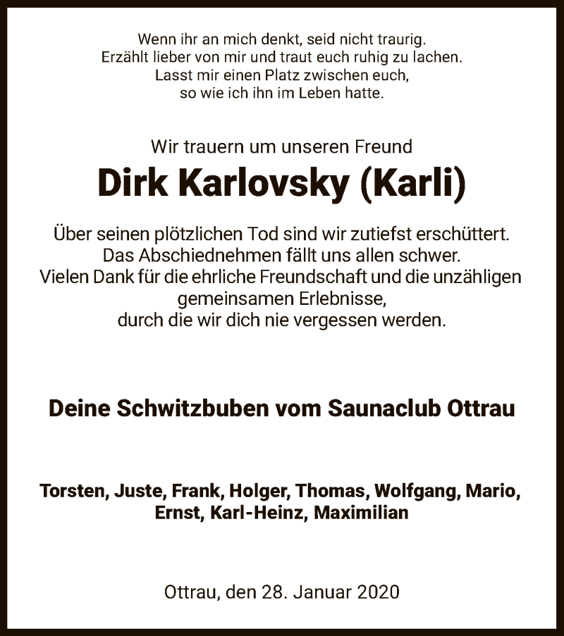  Traueranzeige für Dirk Karlovsky vom 28.01.2020 aus HNA