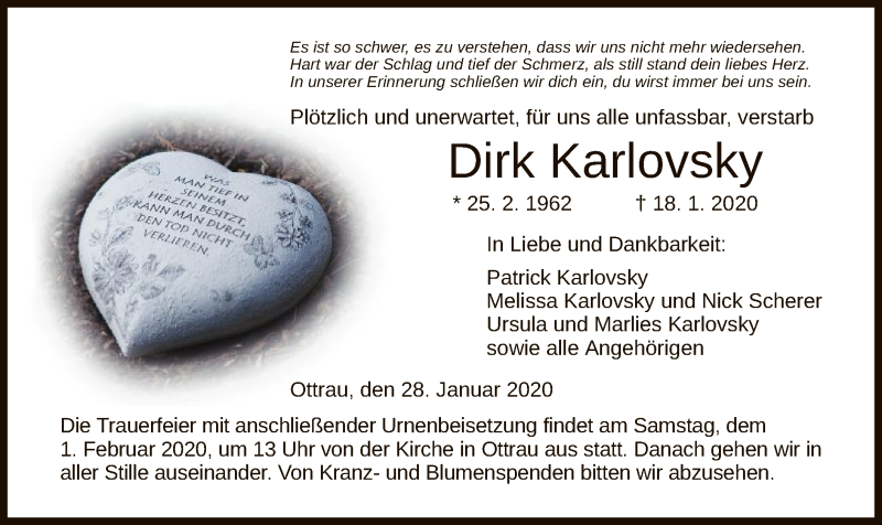  Traueranzeige für Dirk Karlovsky vom 28.01.2020 aus HNA