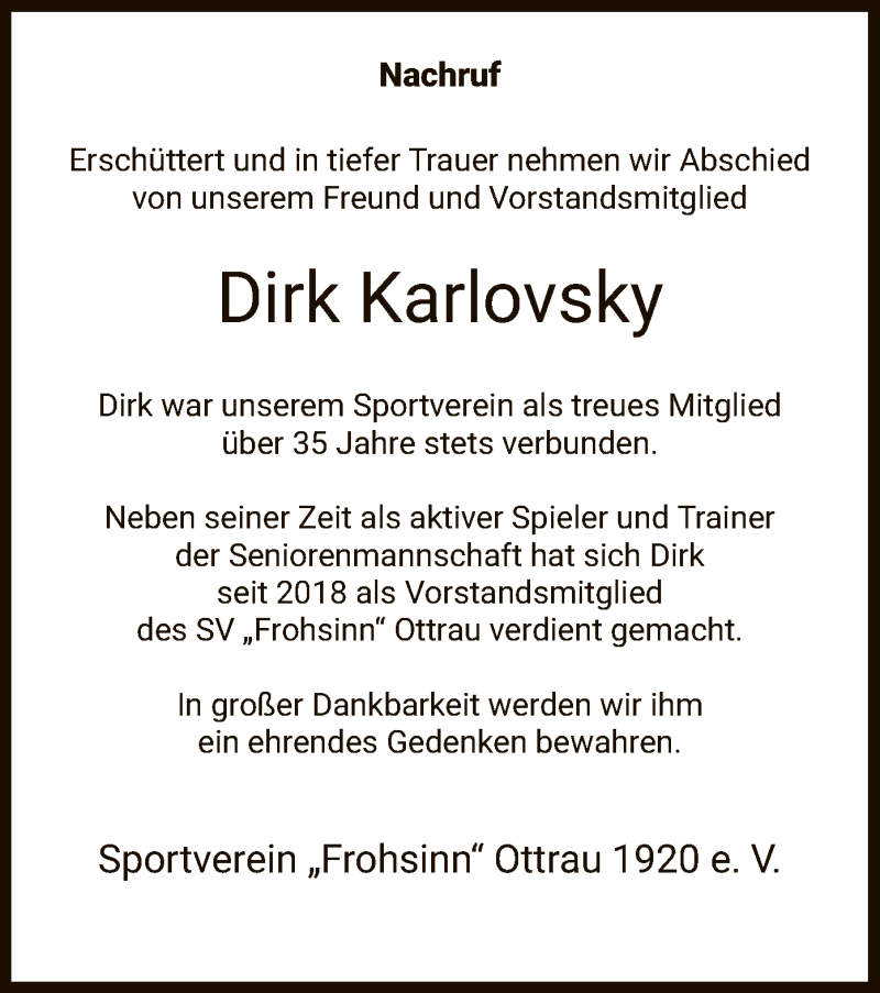  Traueranzeige für Dirk Karlovsky vom 31.01.2020 aus HNA