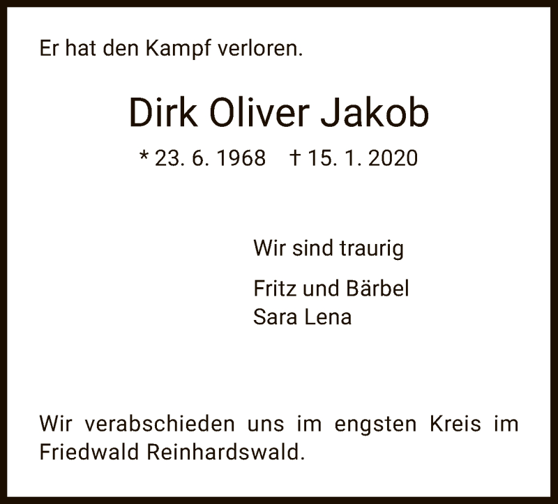  Traueranzeige für Dirk Oliver Jakob vom 25.01.2020 aus HNA