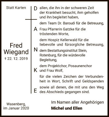 Traueranzeige von Fred Wiegand von HNA