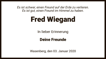 Traueranzeige von Fred Wiegand von HNA