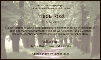 Traueranzeige von Frieda Rost von HNA