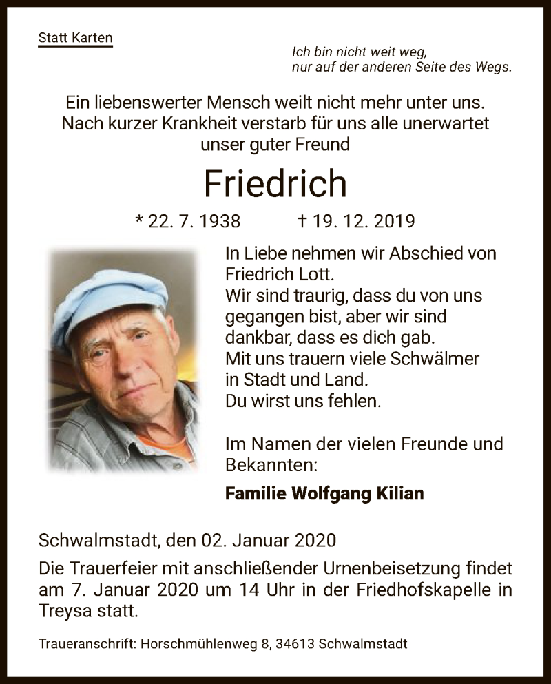  Traueranzeige für Friedrich  vom 02.01.2020 aus HNA