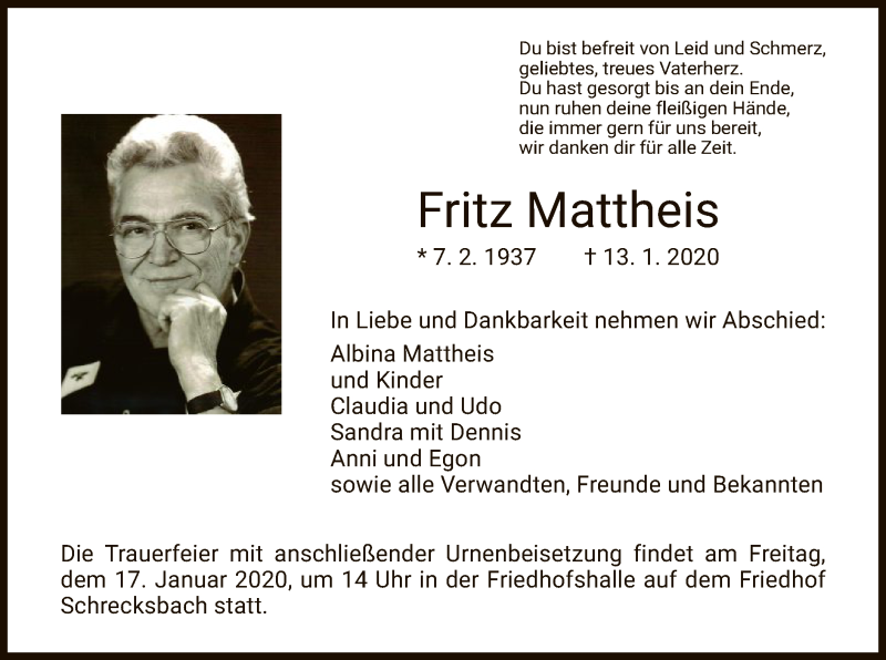  Traueranzeige für Fritz Mattheis vom 15.01.2020 aus HNA