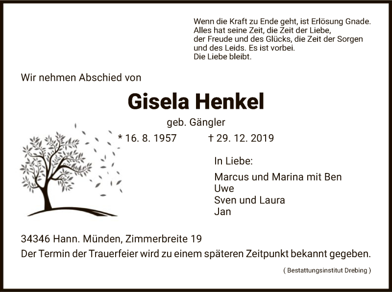  Traueranzeige für Gisela Henkel vom 04.01.2020 aus HNA