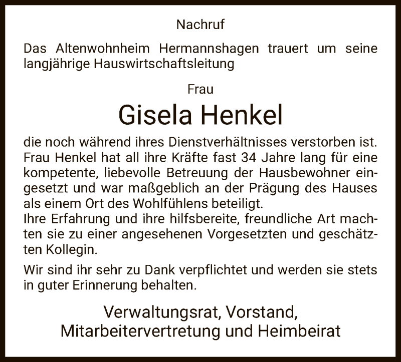  Traueranzeige für Gisela Henkel vom 04.01.2020 aus HNA