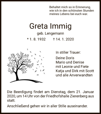 Traueranzeige von Greta Immig von HNA
