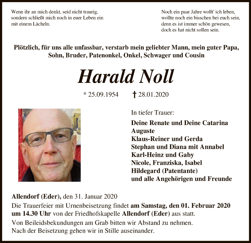  Traueranzeige für Harald Noll vom 31.01.2020 aus HNA
