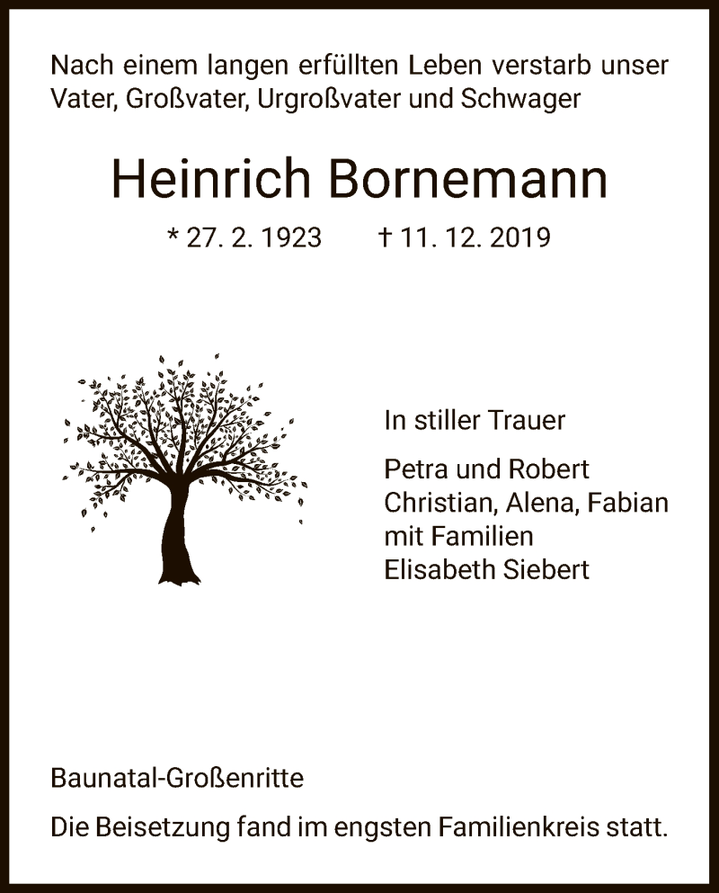  Traueranzeige für Heinrich Bornemann vom 11.01.2020 aus HNA
