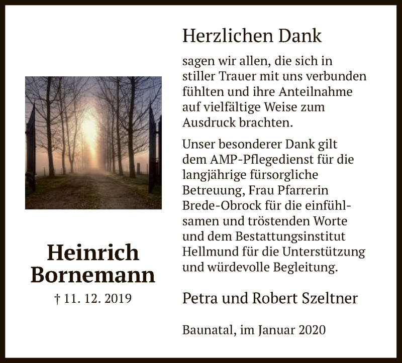 Traueranzeige für Heinrich Bornemann vom 25.01.2020 aus HNA