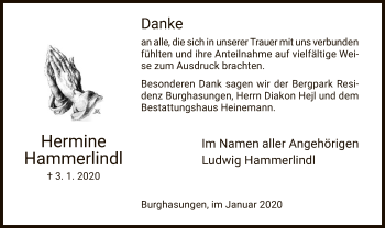 Traueranzeige von Hermine Hammerlindl von HNA