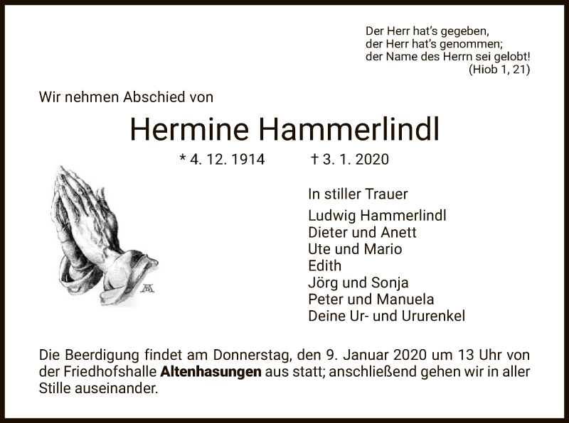  Traueranzeige für Hermine Hammerlindl vom 04.01.2020 aus HNA