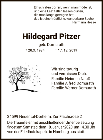 Traueranzeige von Hildegard Pitzer von HNA