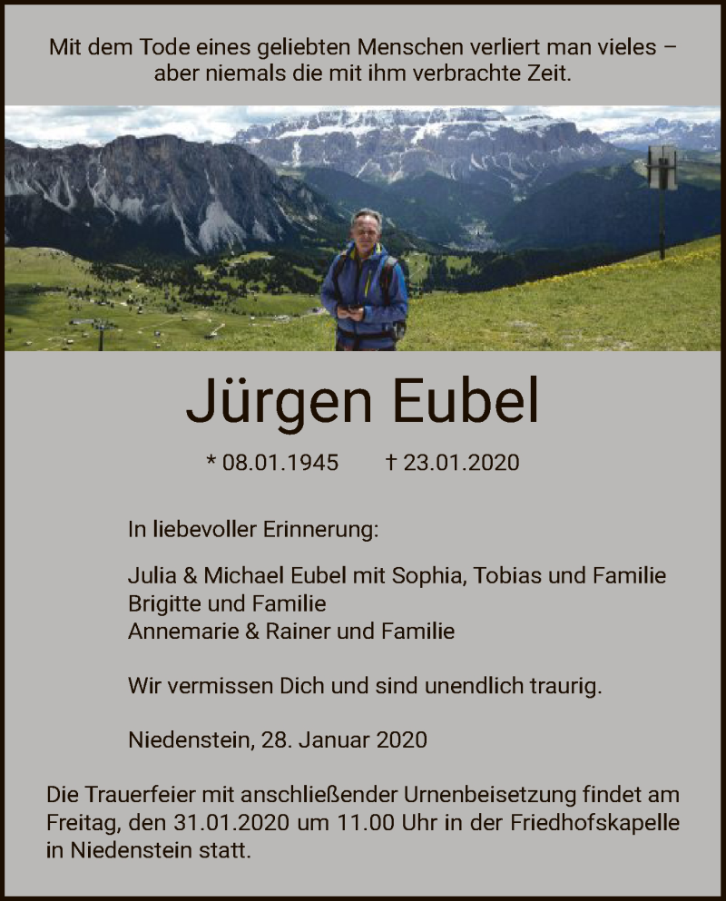  Traueranzeige für Jürgen Eubel vom 28.01.2020 aus HNA