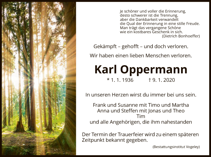  Traueranzeige für Karl Oppermann vom 11.01.2020 aus HNA