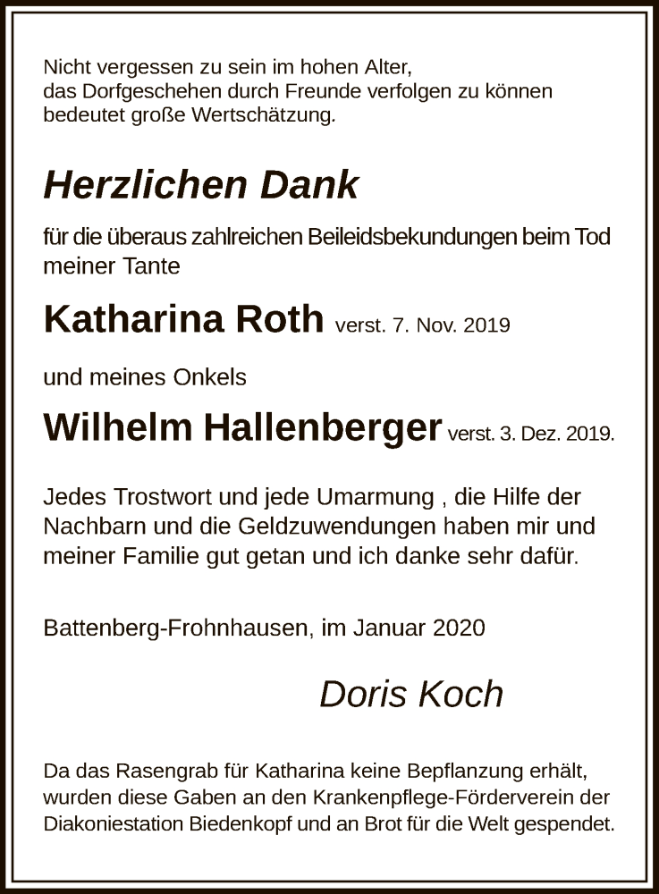  Traueranzeige für Katharina und Wilhelm Roth, Hallenberger vom 17.01.2020 aus HNA
