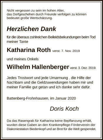 Traueranzeige von Katharina und Wilhelm Roth, Hallenberger von HNA
