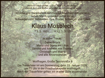 Traueranzeige von Klaus Mosblech von HNA