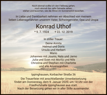 Traueranzeige von Konrad Uthof von HNA