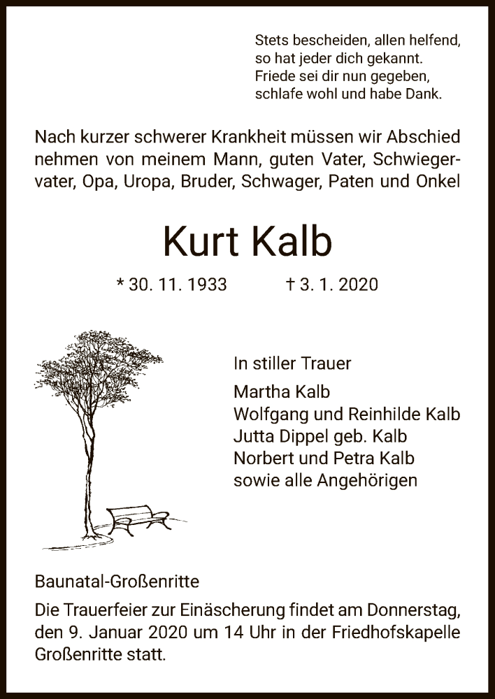  Traueranzeige für Kurt Kalb vom 07.01.2020 aus HNA