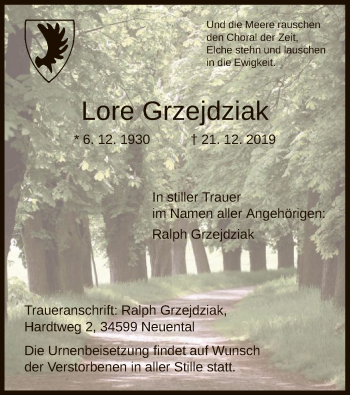 Traueranzeige von Lore Grzejdziak von HNA