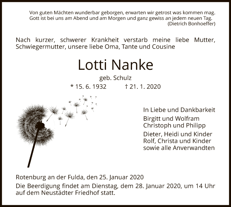  Traueranzeige für Lotti Nanke vom 25.01.2020 aus HNA