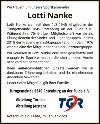 Traueranzeige von Lotti Nanke von HNA