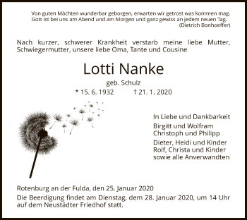 Traueranzeige von Lotti Nanke von HNA