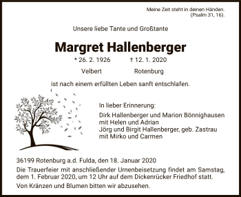 Traueranzeige von Margret Hallenberger von HNA