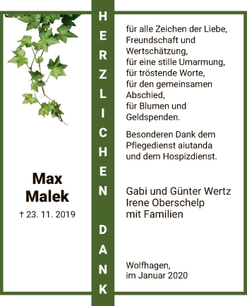 Traueranzeige von Max Malek von HNA