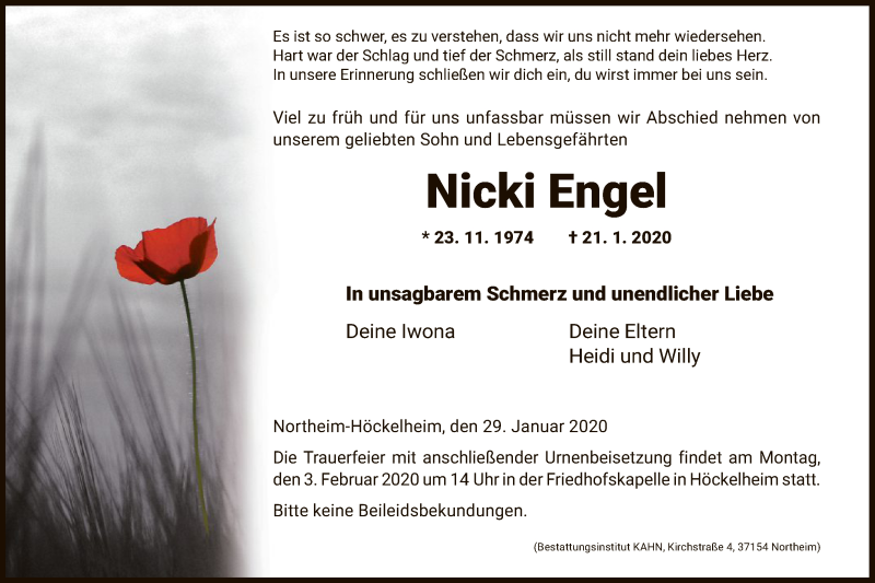  Traueranzeige für Nicki Engel vom 29.01.2020 aus HNA