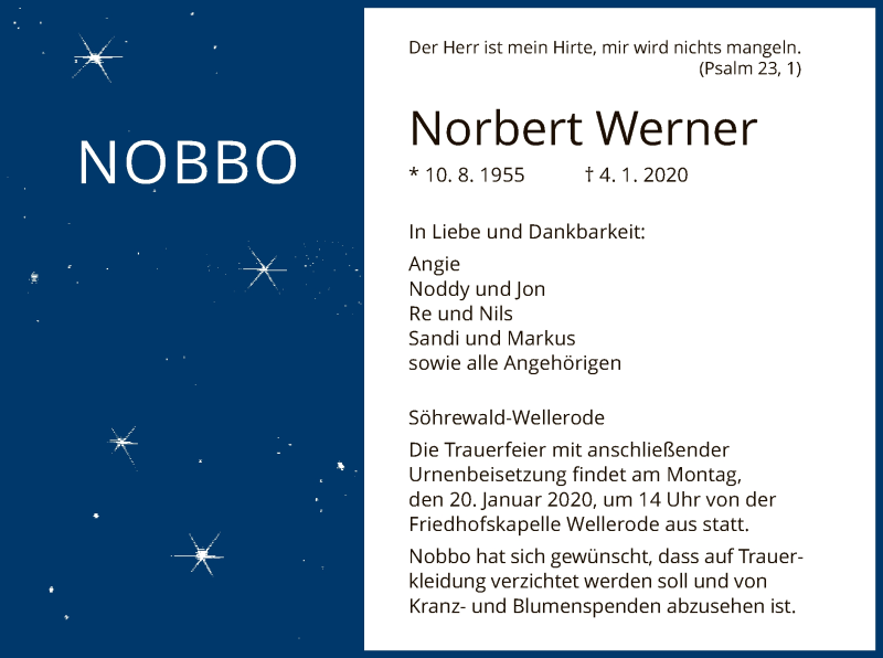  Traueranzeige für Norbert Werner vom 11.01.2020 aus HNA