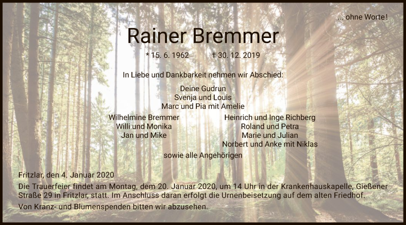  Traueranzeige für Rainer Bremmer vom 04.01.2020 aus HNA