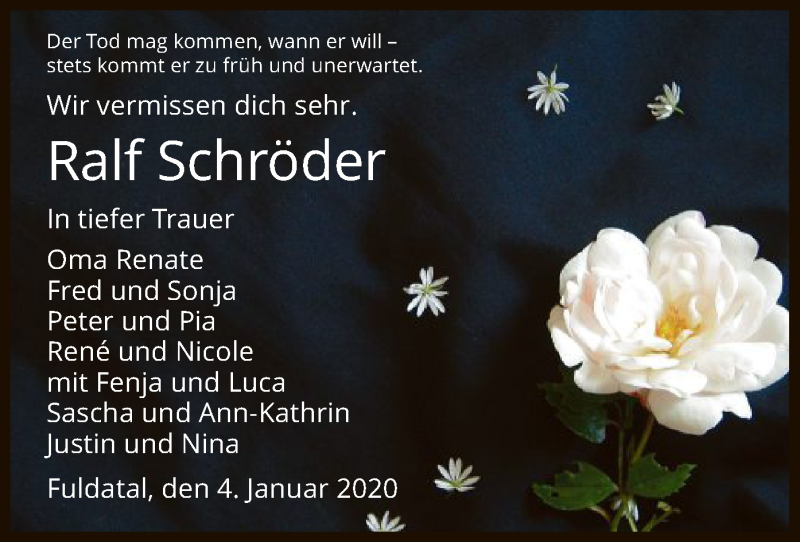  Traueranzeige für Ralf Schröder vom 04.01.2020 aus HNA