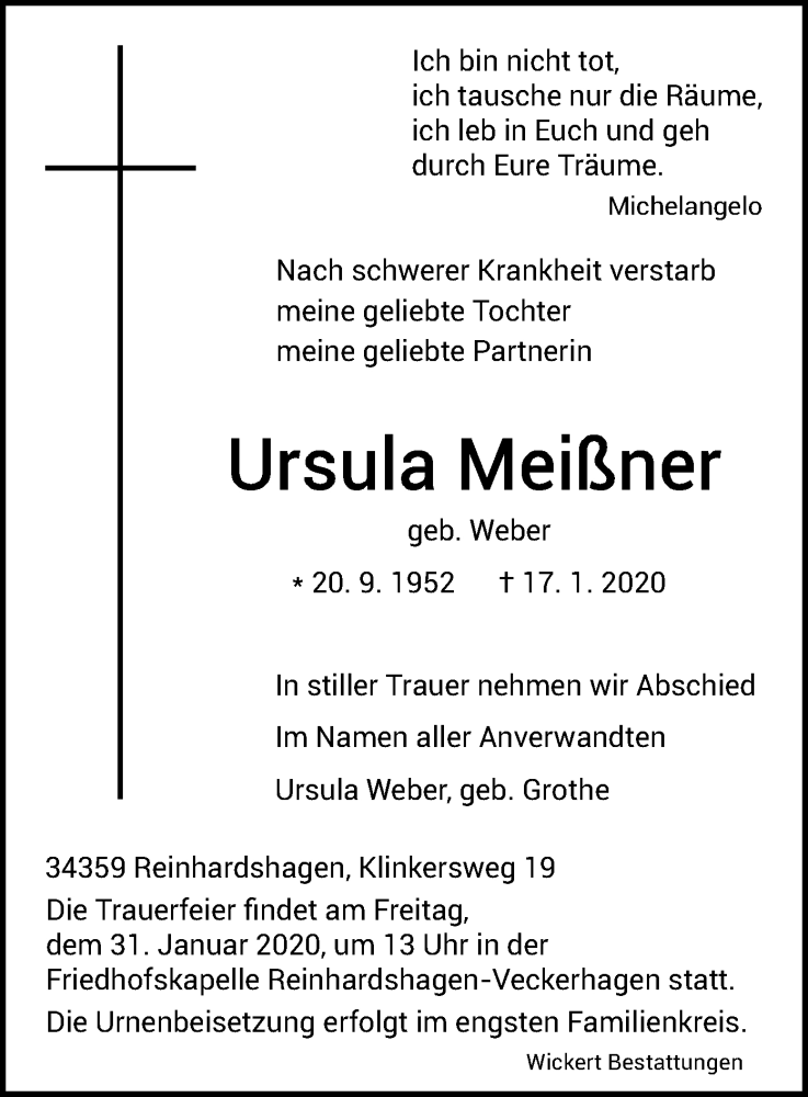  Traueranzeige für Ursula Meißner vom 25.01.2020 aus HNA