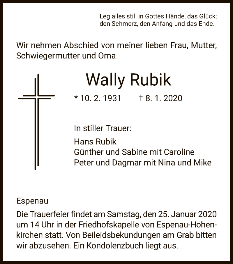  Traueranzeige für Wally Rubik vom 18.01.2020 aus HNA
