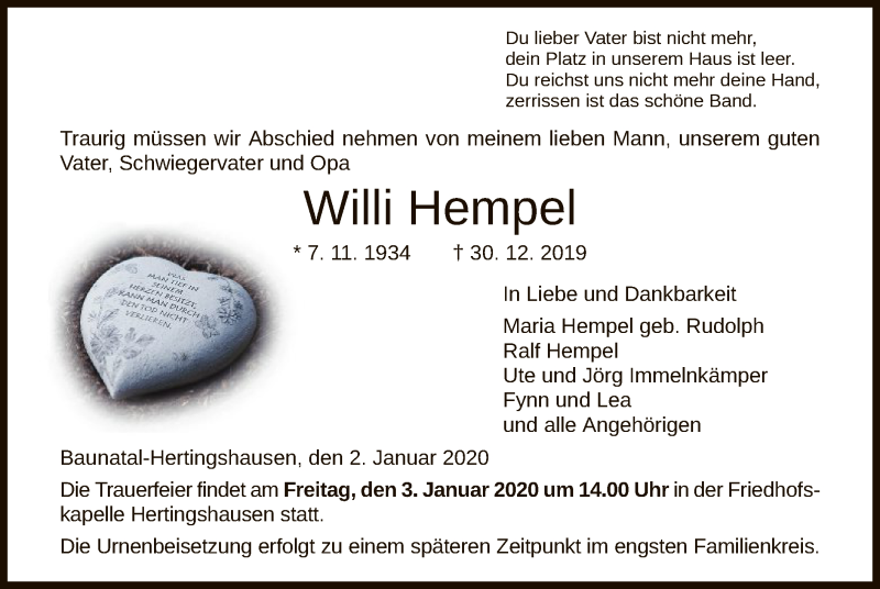  Traueranzeige für Willi Hempel vom 02.01.2020 aus HNA