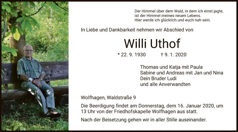  Traueranzeige für Willi Uthof vom 11.01.2020 aus HNA