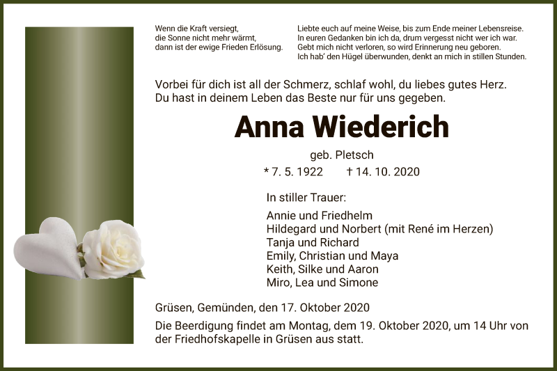  Traueranzeige für Anna Wiederich vom 17.10.2020 aus HNA