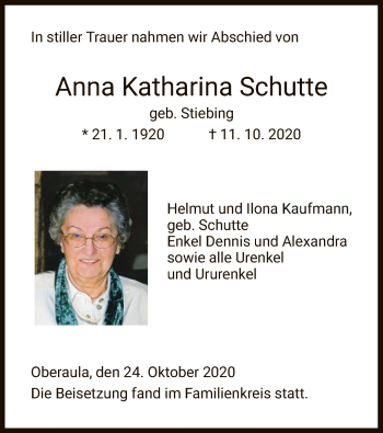 Traueranzeige von Anna Katharina Schutte von HNA