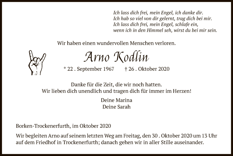  Traueranzeige für Arno Kodlin vom 28.10.2020 aus HNA