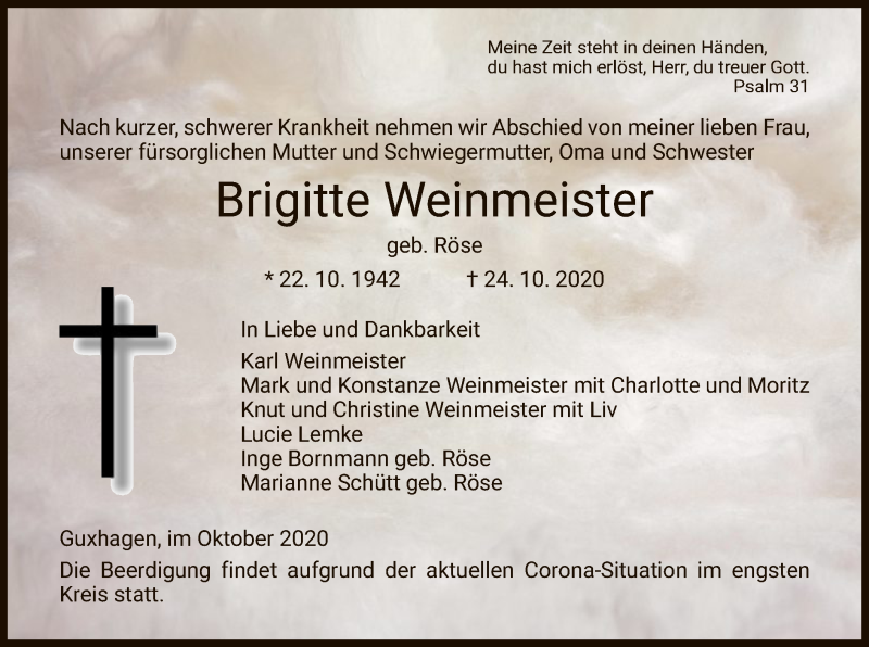  Traueranzeige für Brigitte Weinmeister vom 29.10.2020 aus HNA