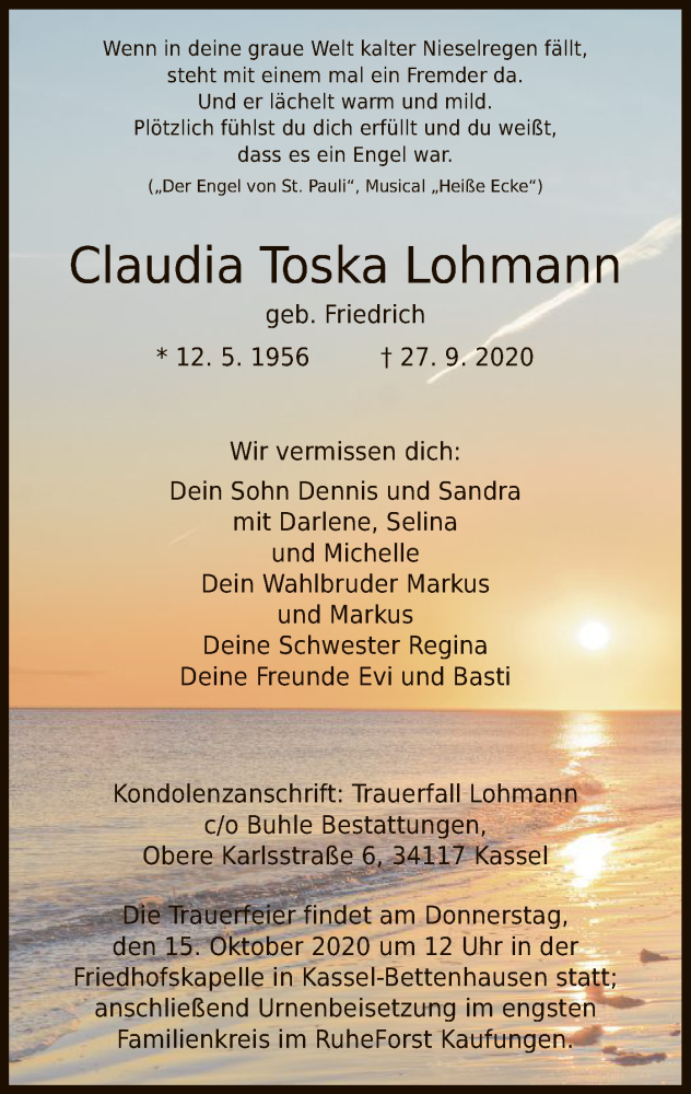  Traueranzeige für Claudia Toska Lohmann vom 10.10.2020 aus HNA