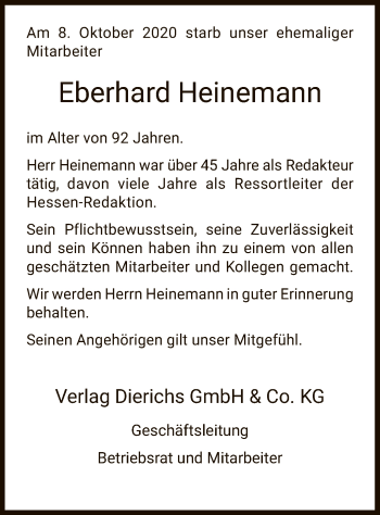 Traueranzeige von Eberhard Heinemann von HNA