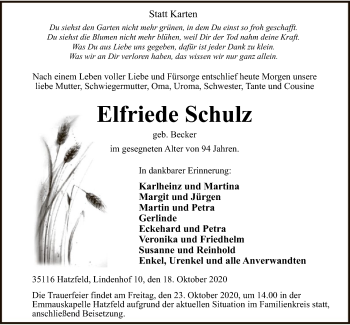 Traueranzeige von Elfriede Schulz von HNA