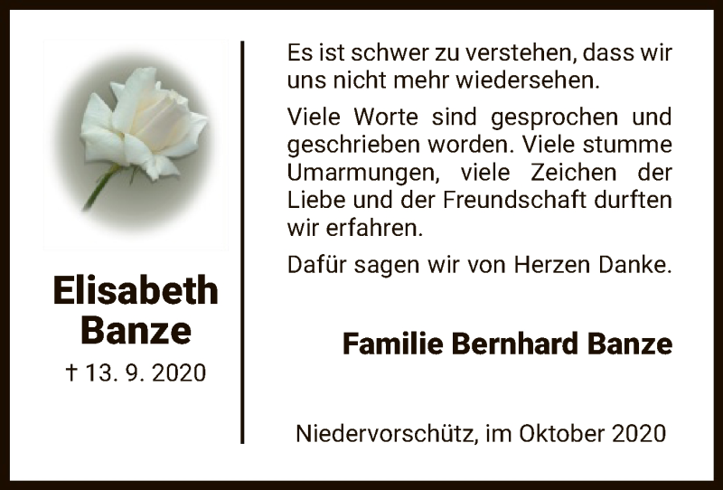  Traueranzeige für Elisabeth Banze vom 10.10.2020 aus HNA