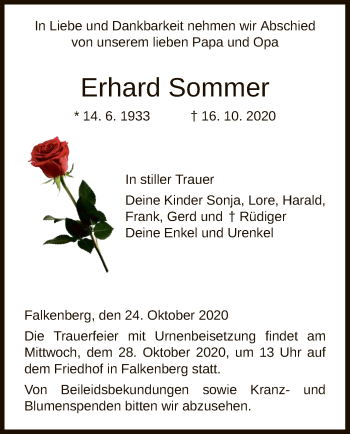 Traueranzeige von Erhard Sommer von HNA